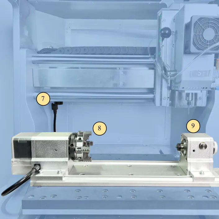The optional 4th-axis module mounted on the bed, showing its connector, chuck, and tail stock