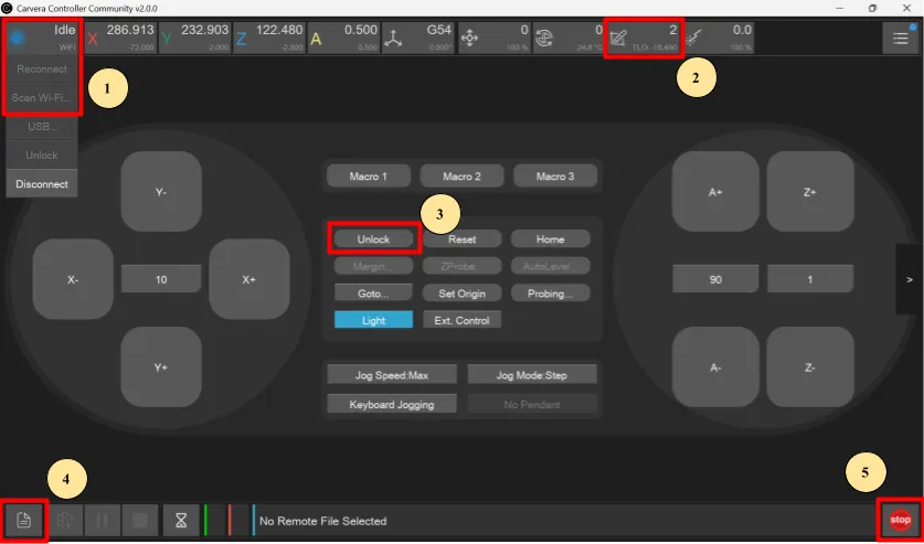 The Carvera Community Controller, with the Wi-Fi connection controls, tool status dropdown, Unlock button, file upload button, and emergency stop button marked