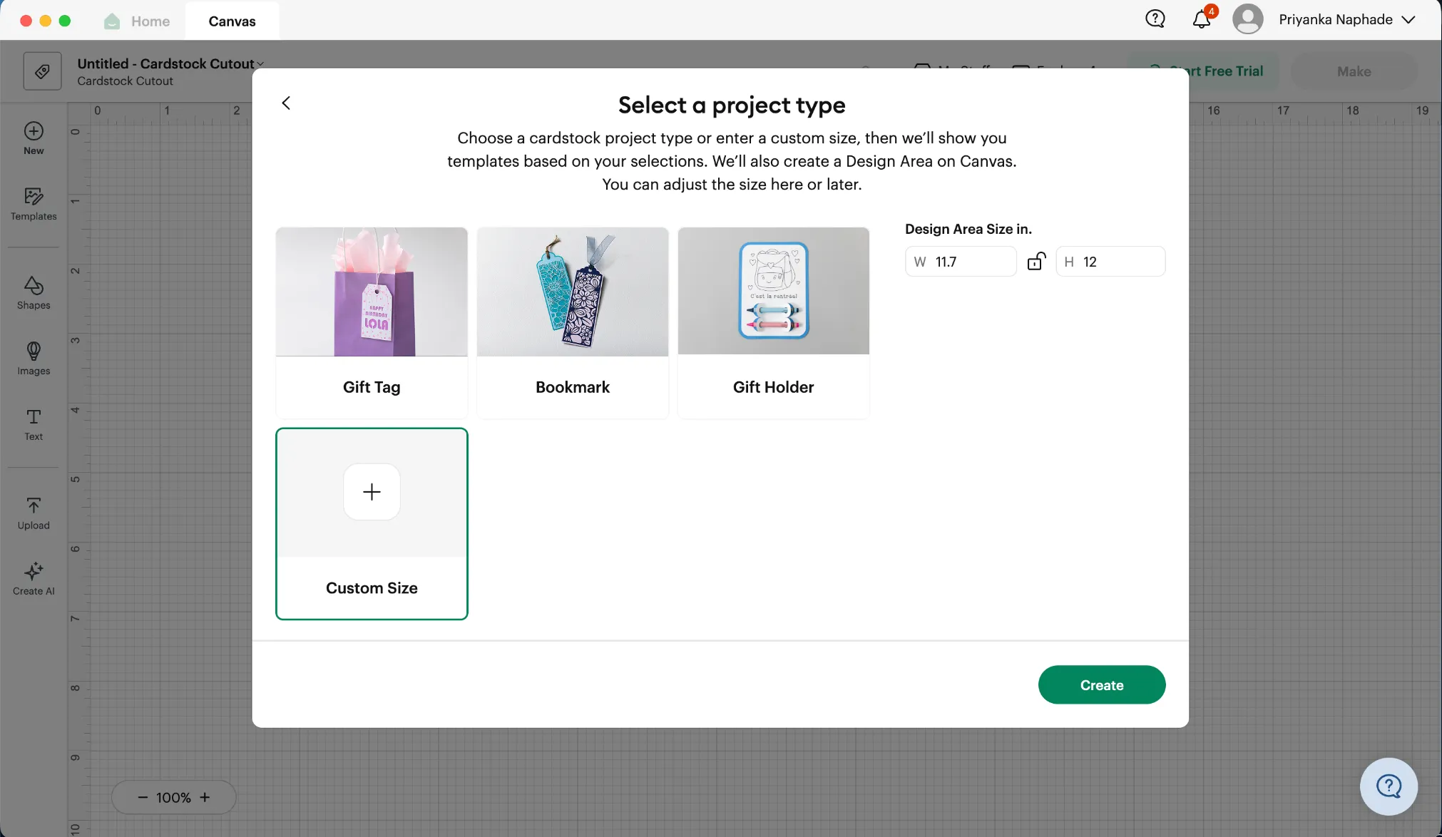 The Select a project type dialog with Custom Size and a design area of 11.7 by 12 inches