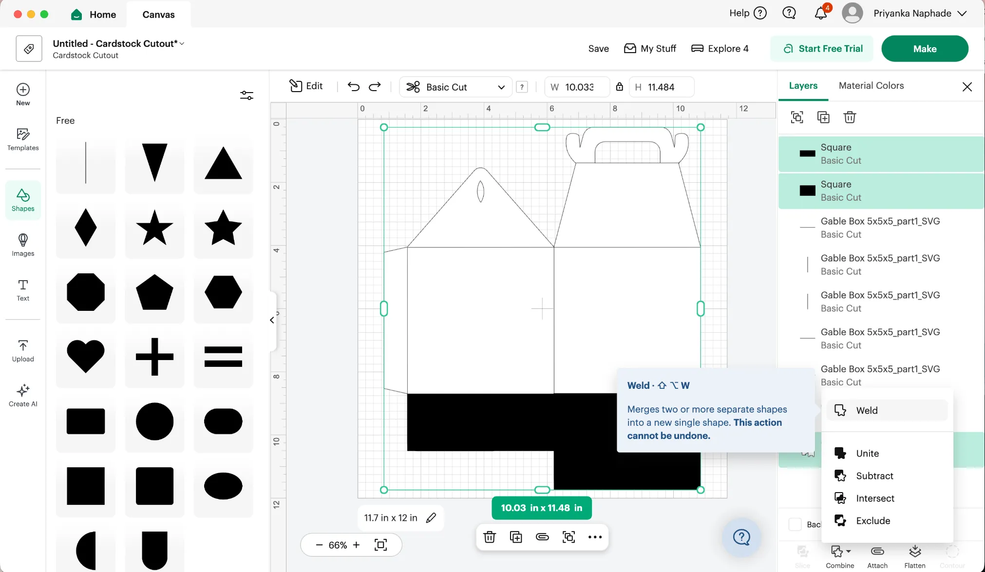 The Combine menu open on the Weld option, with both Square layers selected