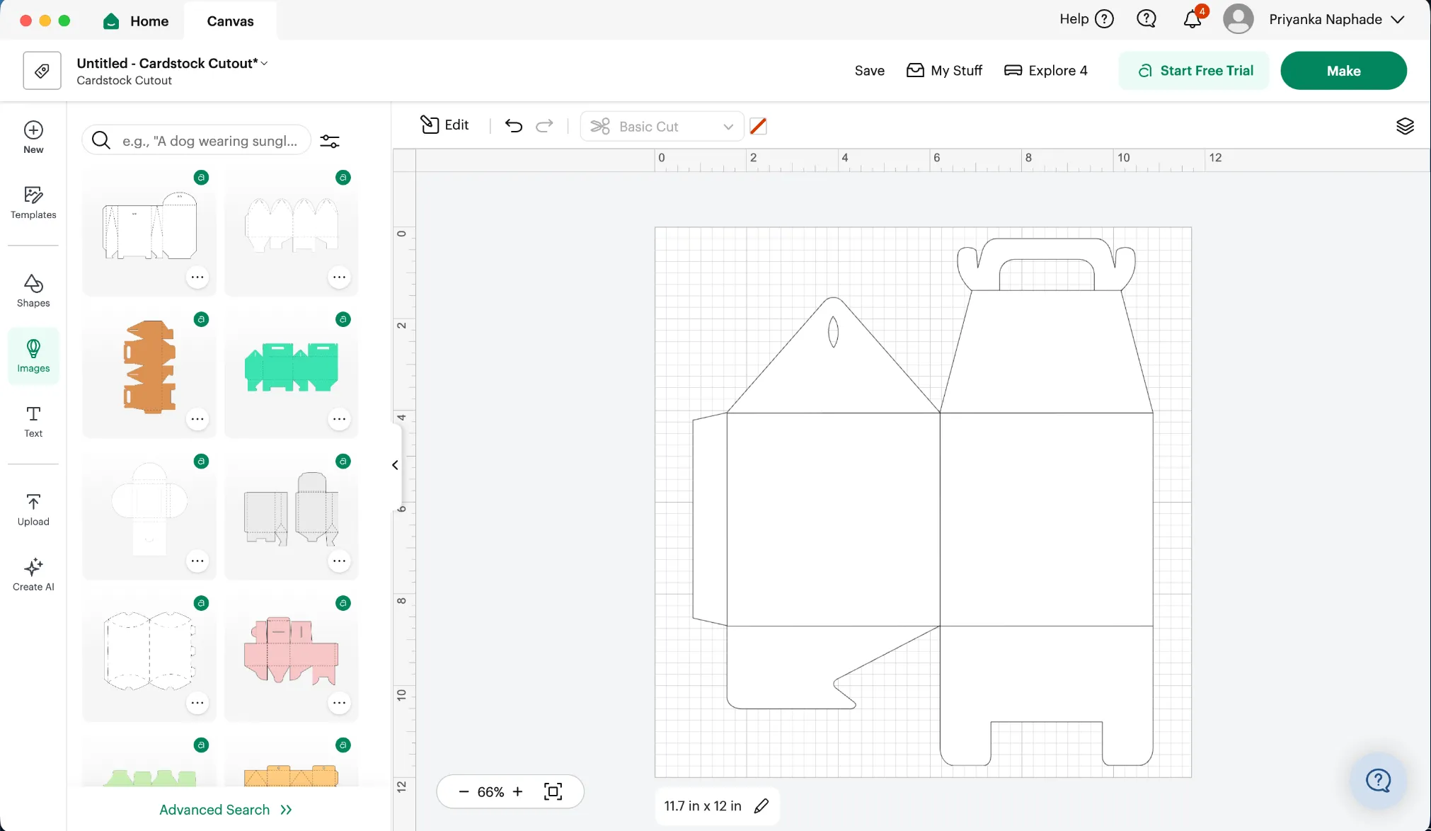 The gable box template placed on the Design Space canvas