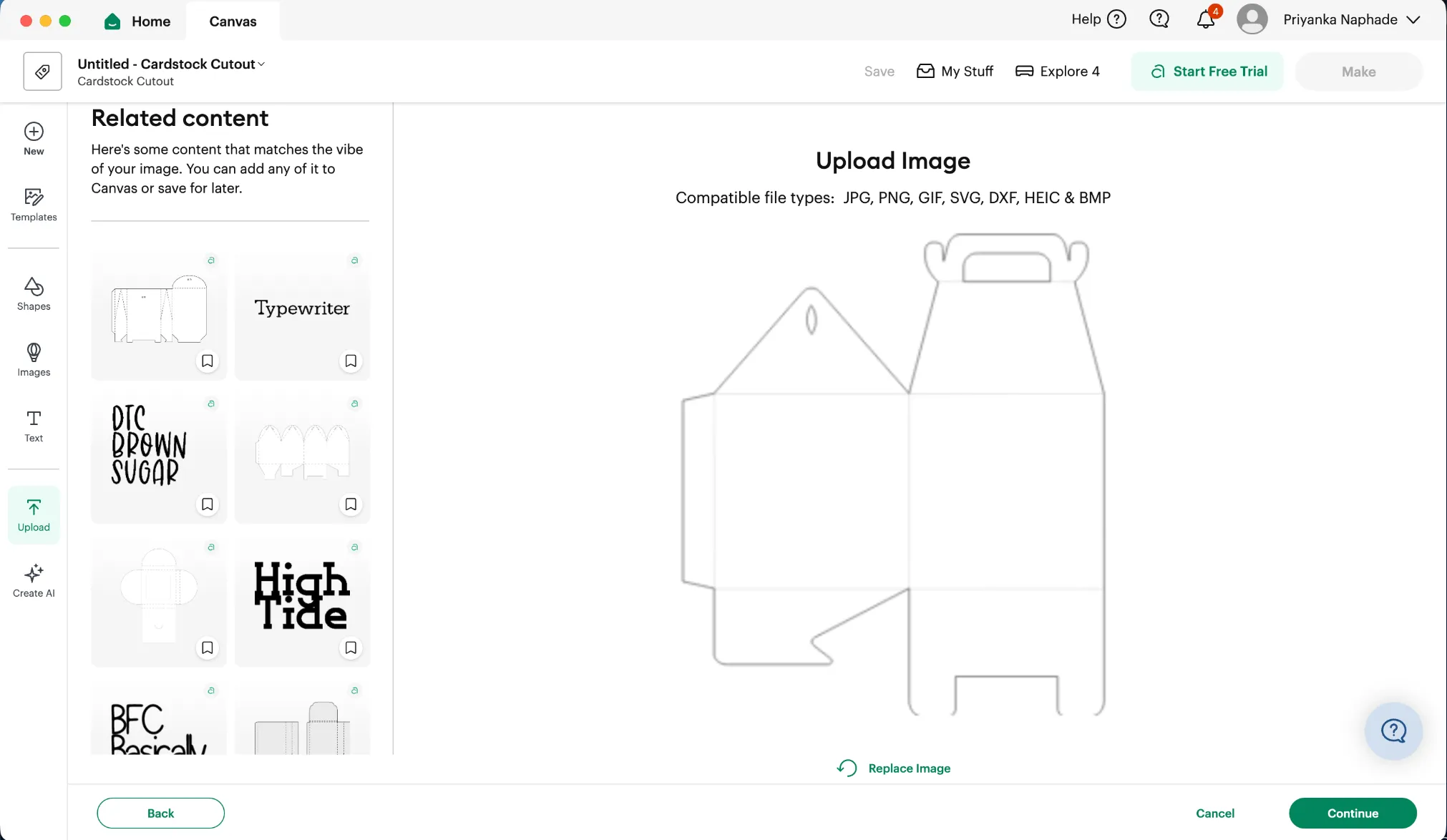 The Upload Image preview showing the gable box outline, with a Continue button