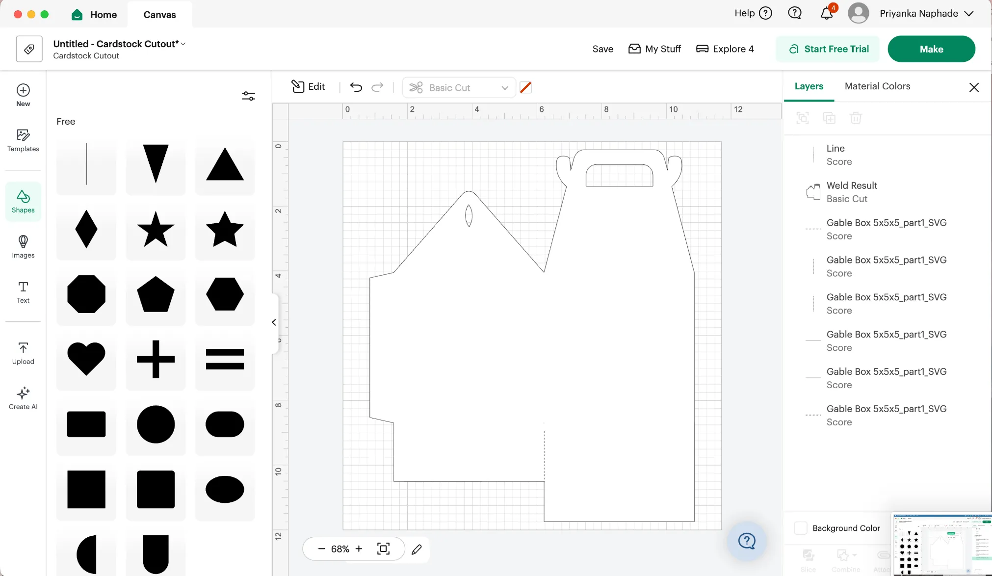 The finished box outline with its dotted score lines
