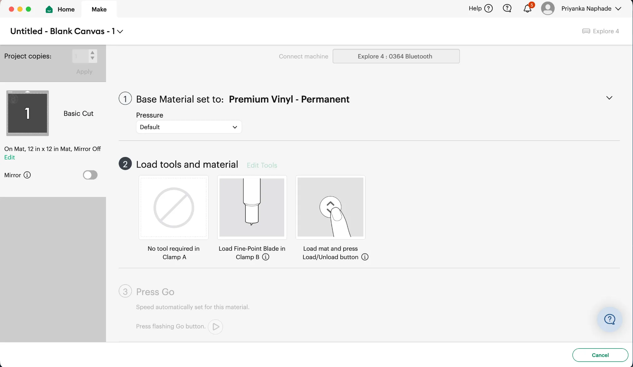 The Load tools and material step showing which tool goes in which clamp
