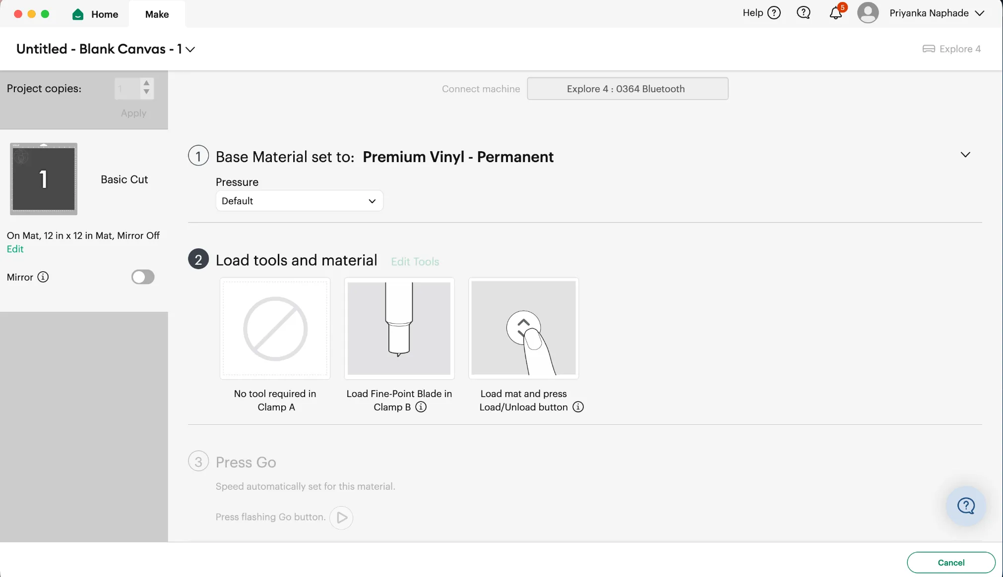 Design Space's three Make steps: set base material, load tools and material, press Go