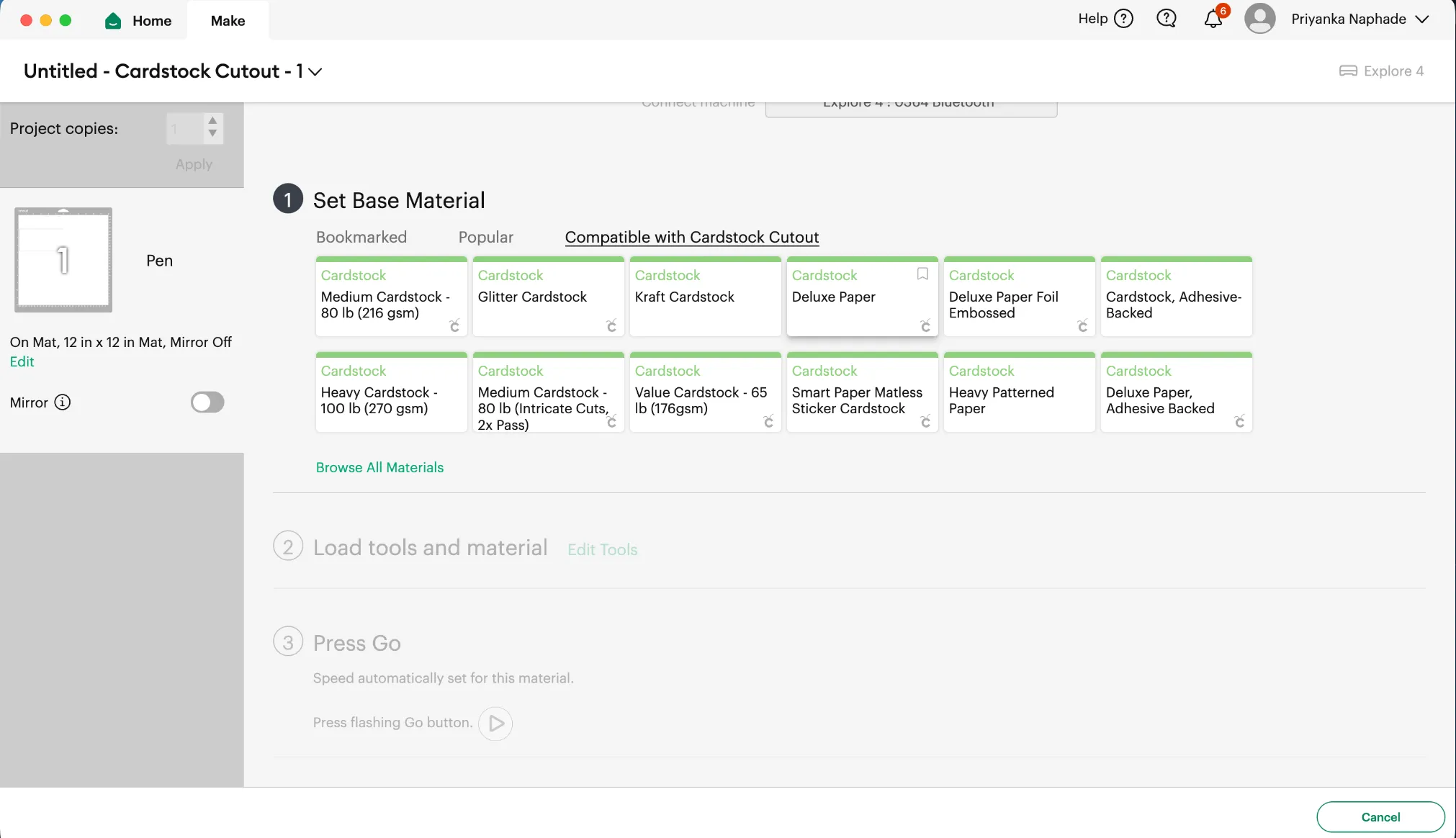 The Set Base Material step in Design Space, with a material picker and a Browse All Materials link