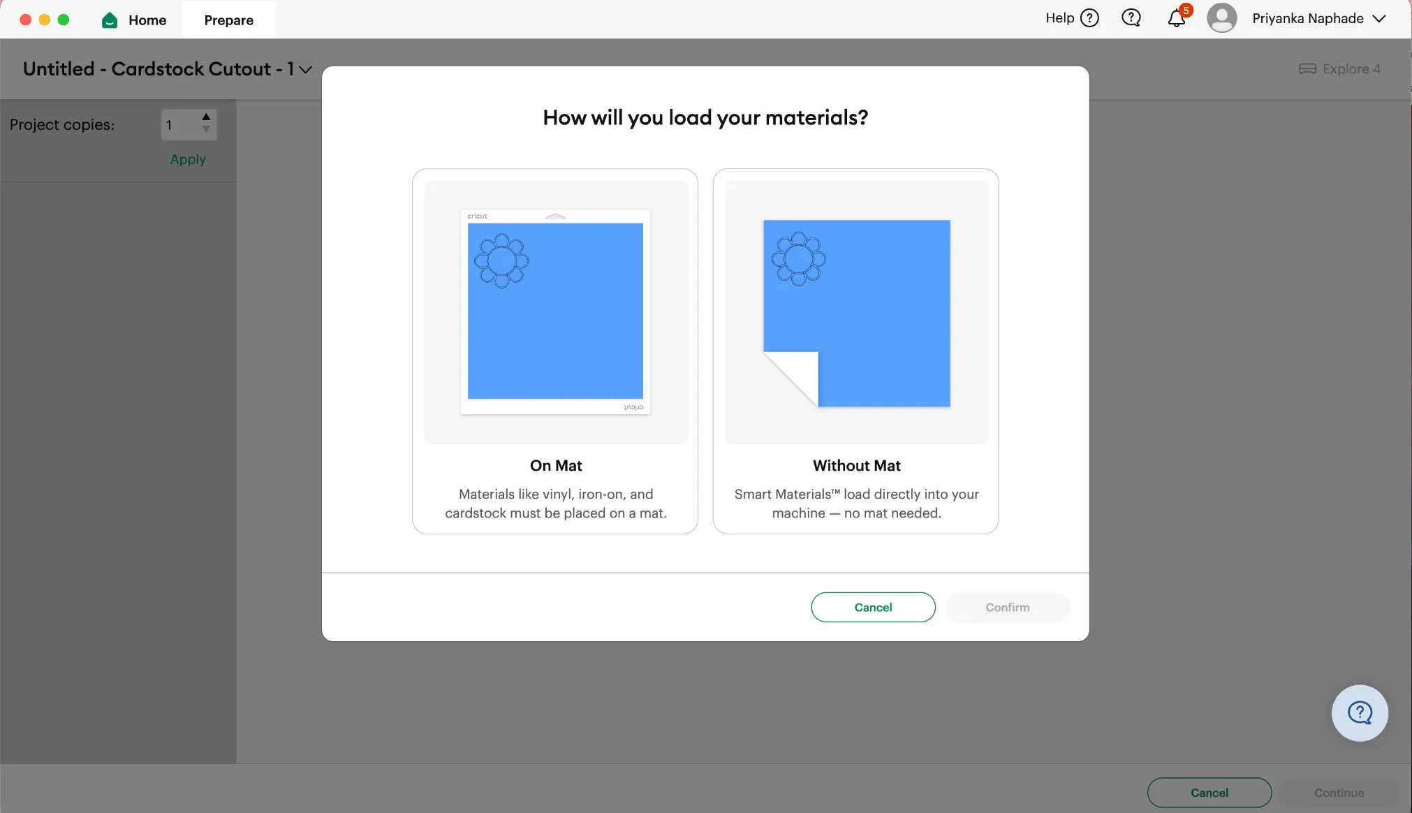 Design Space asking "How will you load your materials?", with On Mat and Without Mat options